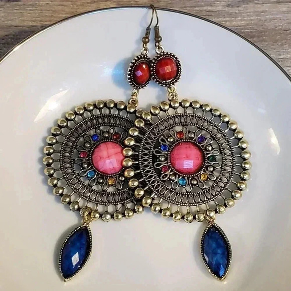 Vintage Neo Victorian Glam Long Faux Stone Dangle Earrings - Picture 2 of 8